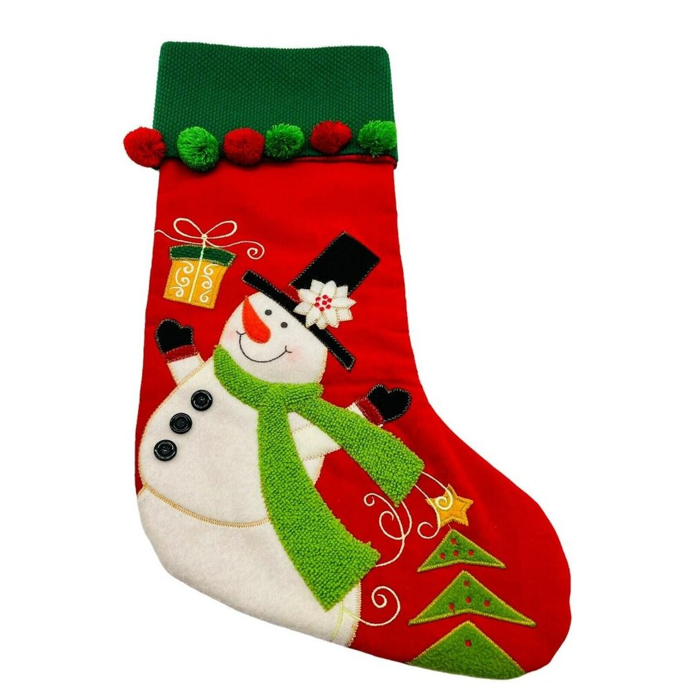 Christmas Stocking Snowman Velvet Red Green Pom Poms Real Black Buttons 19 inch‎